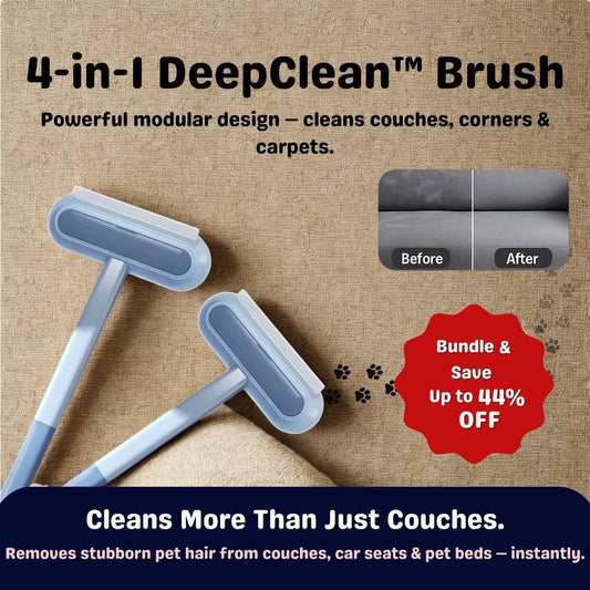 4-in-1 DeepClean pet hair remover brush, removing pet hair from couches, beds, furniture, car seats etc.