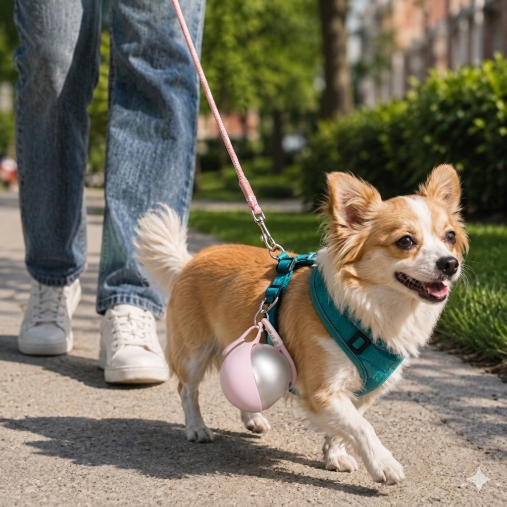 Dog on a leash with a Pink Water Bottle, walking on a path in a park.