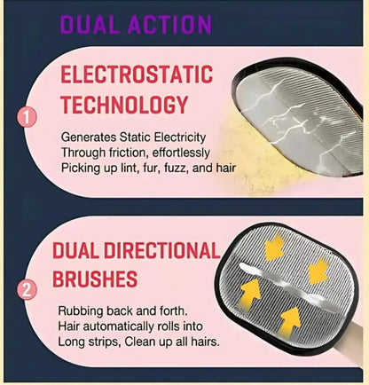 Product advertisement with dual action features and electrostatic technology illustration.