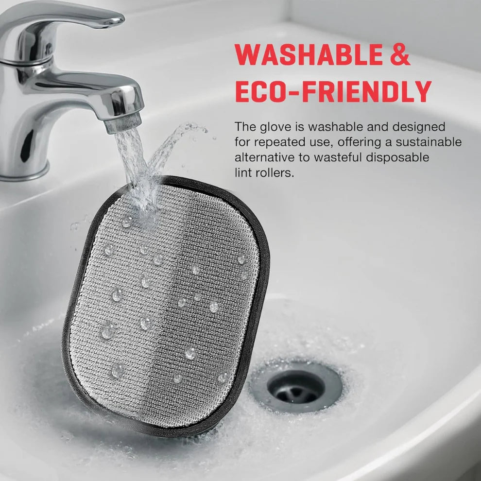 Washable glove being rinsed under running water in a sink with text highlighting its washable and eco-friendly properties.