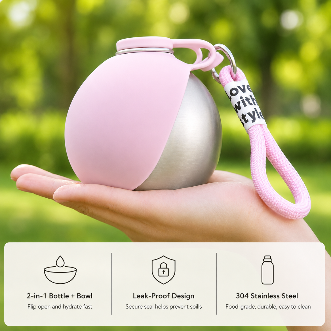 Pink and silver 2-in-1 bottle and bowl held in a hand with a green blurred background