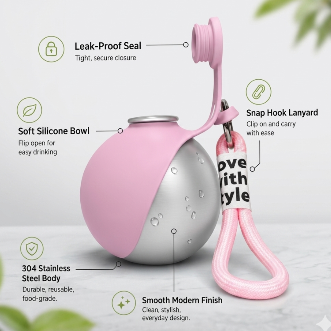 Pink and silver water bottle with features highlighted on a light gray background