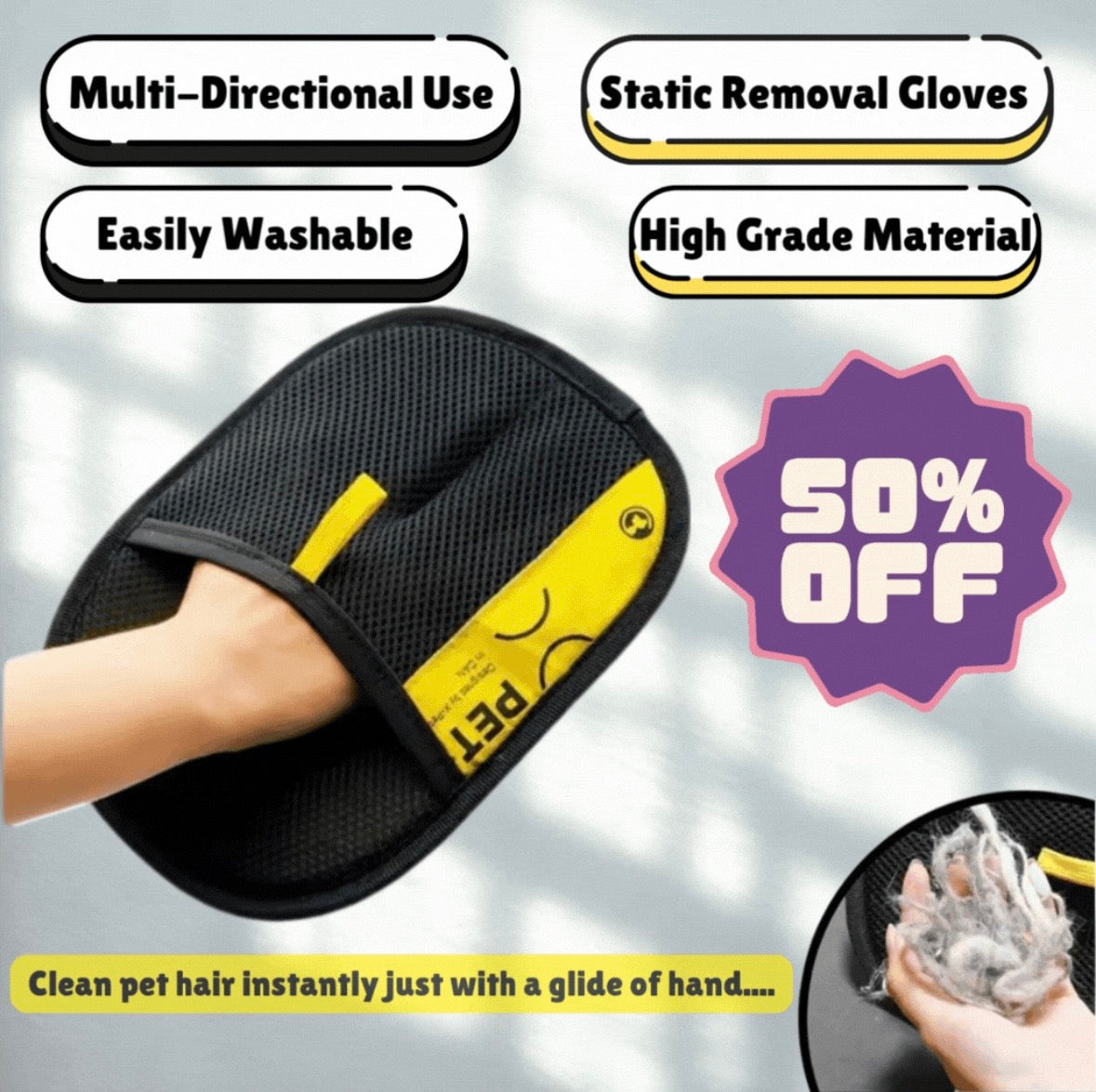 FurMate - Ultimate Pet Hair Removal glove with text highlighting features and a discount offer on a gray background.