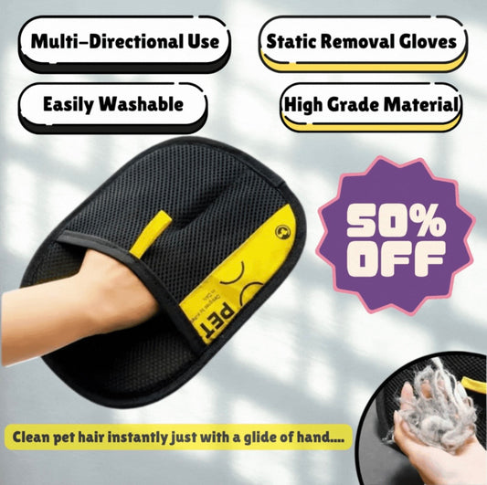 FurMate - Ultimate Pet Hair Removal glove with text highlighting features and a discount offer on a gray background.