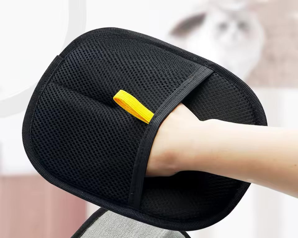 Pet hair removal glove lifting fur from fabric