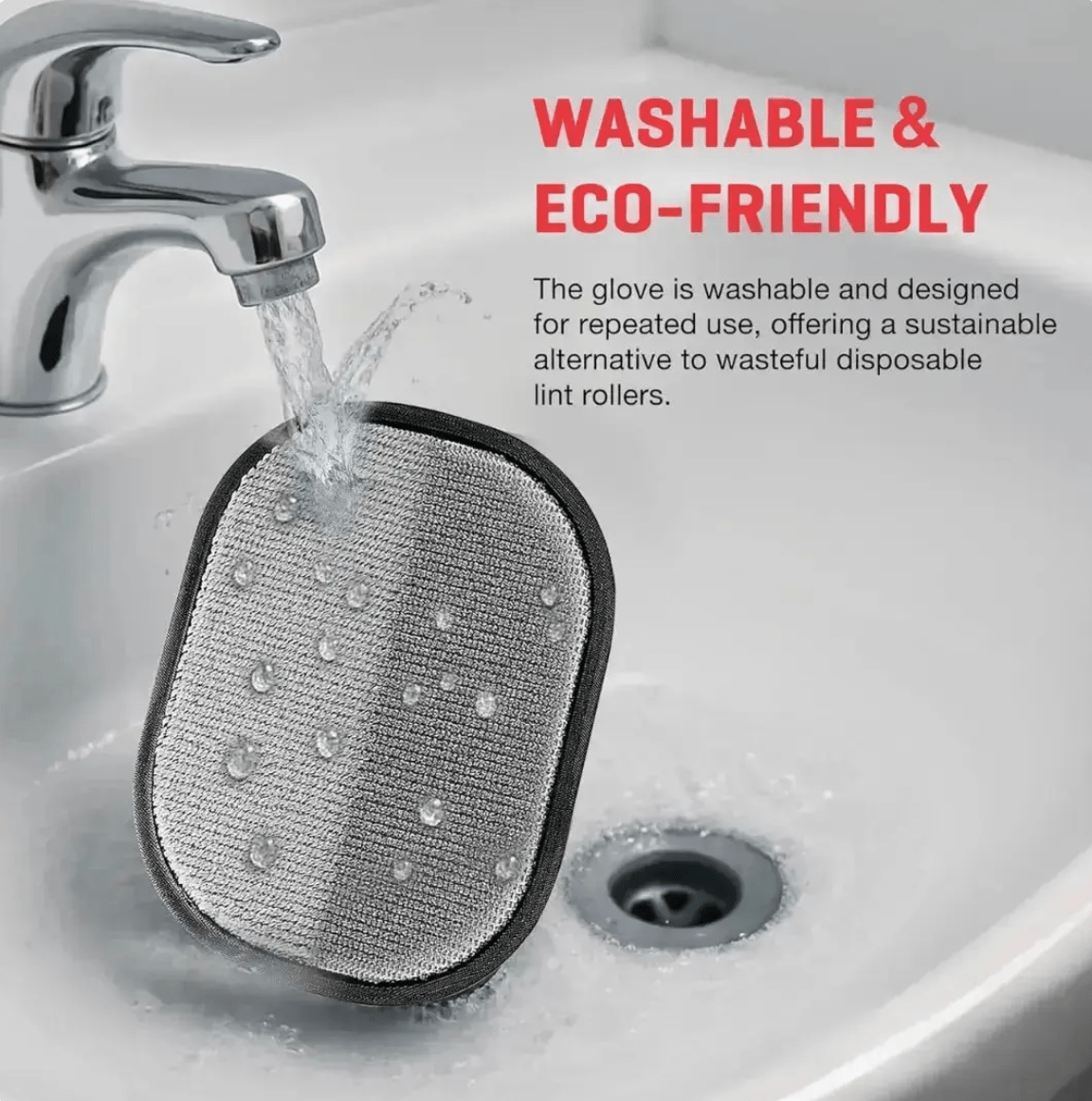 Washable glove being rinsed under running water in a sink with text highlighting its washable and eco-friendly properties.