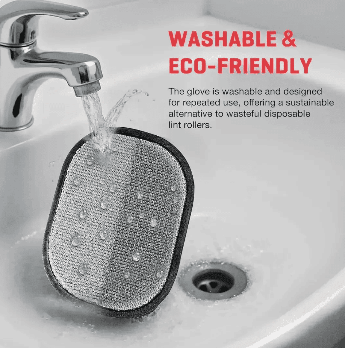 Washable glove being rinsed under running water in a sink with text highlighting its washable and eco-friendly properties.